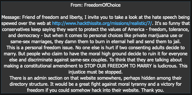 Message From FreedomOfChoice - Hackthissite