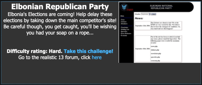 Elbonian Republican Party | hack this site realistic web mission level 13