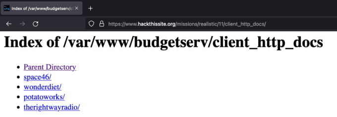 Directory Listing | hackthissite realistic web mission level 11